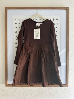 Zara Girls Brown Long-Sleeve Bow-Waist Dress